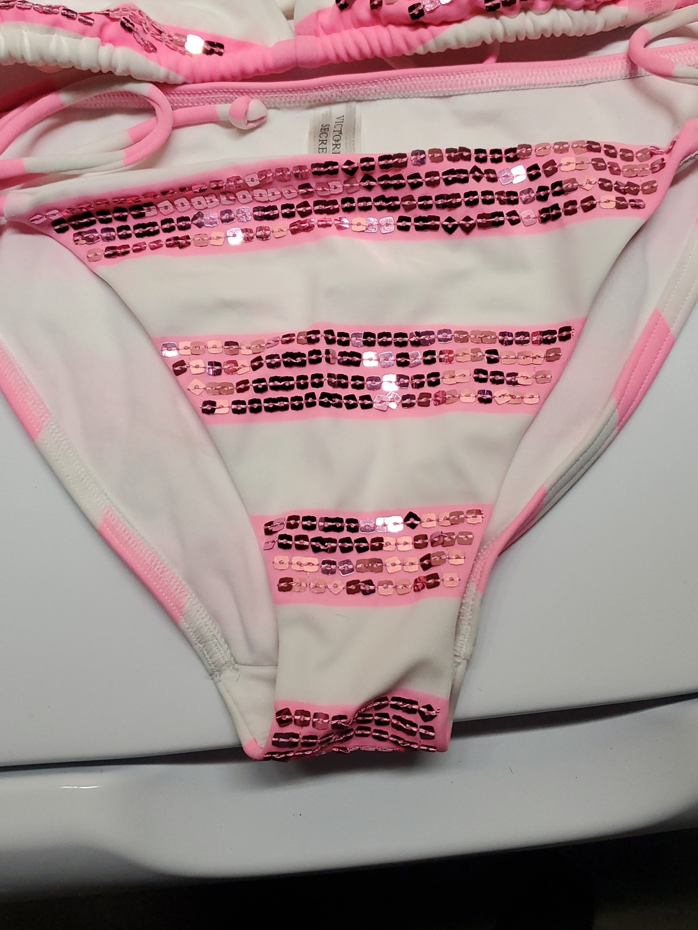 Victoria's Secret Size M White and Pink Sequin Stripe Bikini 2 Piece Set - Picture 2 of 8